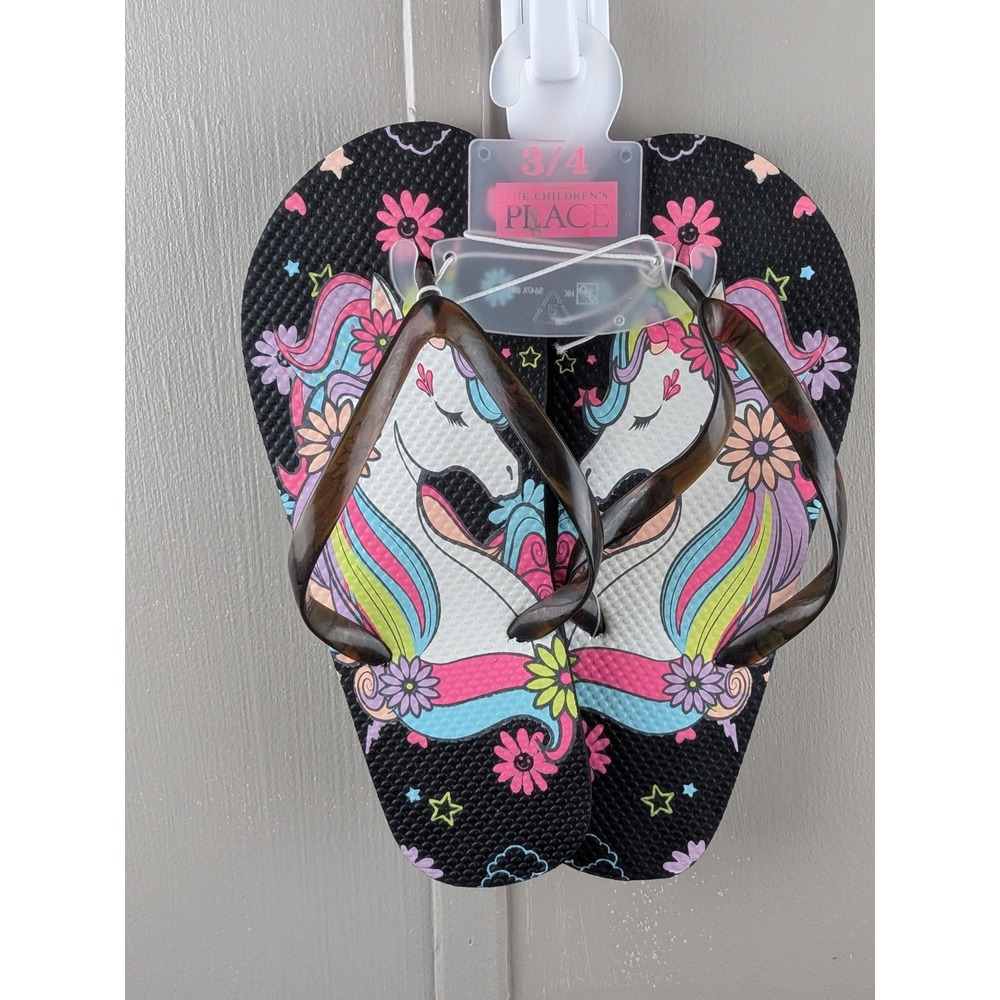The Childrens Place Girls Unicorn Flip Flops Black Pink Size 3/4 NWT